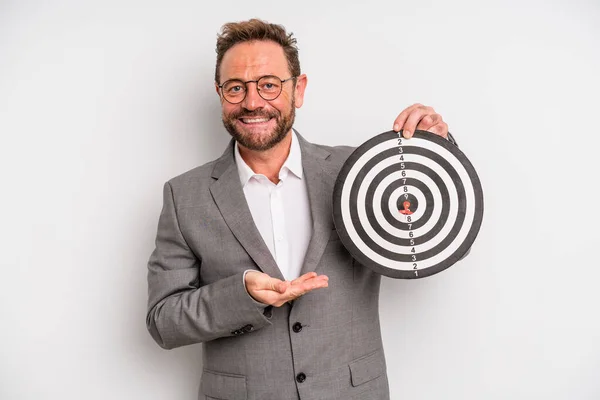 Middle Age Man Smiling Cheerfully Feeling Happy Showing Concept Target — Zdjęcie stockowe