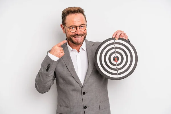 Middle Age Man Smiling Confidently Pointing Own Broad Smile Target — Stockfoto