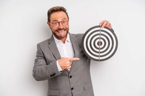 Middle Age Man Looking Excited Surprised Pointing Side Target Darts —  Fotos de Stock