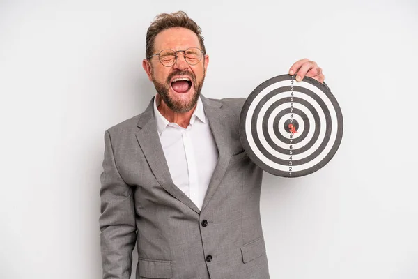 Middle Age Man Shouting Aggressively Looking Very Angry Target Darts — Zdjęcie stockowe