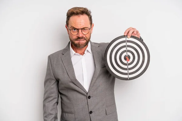Middle Age Man Looking Puzzled Confused Target Darts Concept — Stockfoto