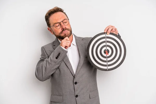 Middle Age Man Thinking Feeling Doubtful Confused Target Darts Concept — Zdjęcie stockowe