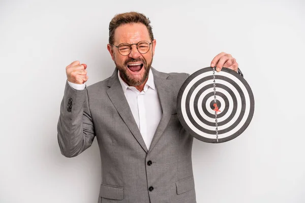 Middle Age Man Shouting Aggressively Angry Expression Target Darts Concept — Zdjęcie stockowe