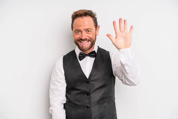 Middle Age Man Smiling Looking Friendly Showing Number Five Waiter — Stockfoto