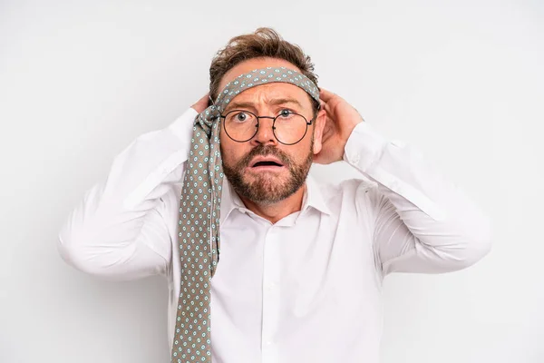 Middle Age Man Feeling Stressed Anxious Scared Hands Head Business — Stockfoto