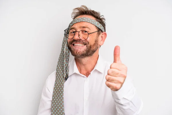 Middle Age Man Feeling Proud Smiling Positively Thumbs Business Company — ストック写真