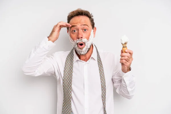 Middle Age Man Looking Happy Astonished Surprised Shaving Brush Foam — Foto de Stock