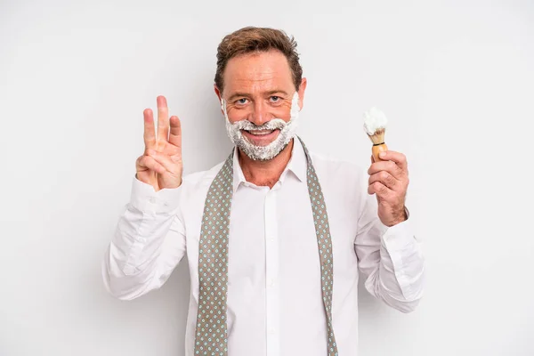 Middle Age Man Smiling Looking Friendly Showing Number Three Shaving — Stock fotografie