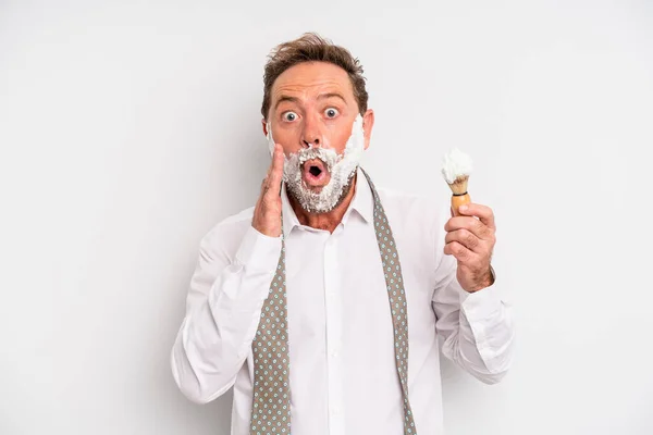 Middle Age Man Feeling Shocked Scared Shaving Brush Foam Concept — Foto Stock