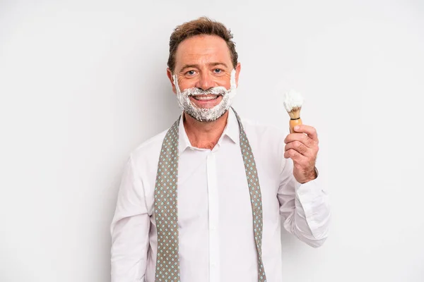 Middle Age Man Looking Happy Pleasantly Surprised Shaving Brush Foam — Stock fotografie