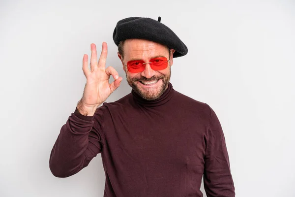 Middle Age Man Feeling Happy Showing Approval Okay Gesture Actor — Stock fotografie