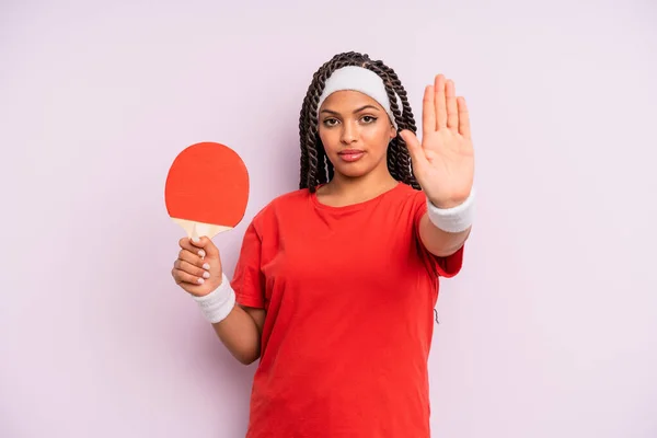 Black Afro Woman Looking Serious Showing Open Palm Making Stop —  Fotos de Stock