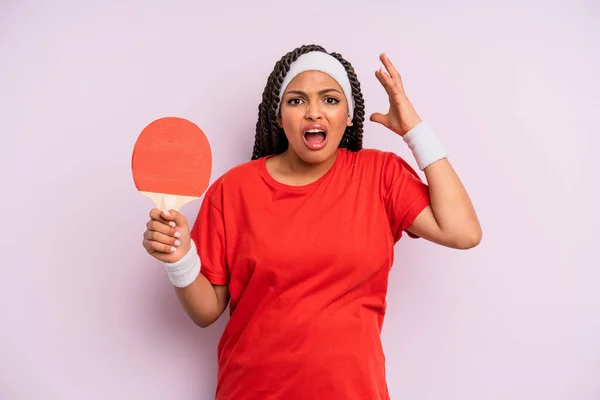 Black Afro Woman Screaming Hands Air Ping Pong Concept — Foto Stock