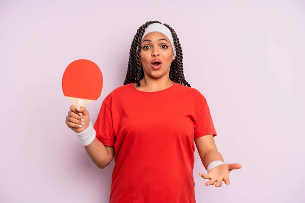Black Afro Woman Feeling Extremely Shocked Surprised Ping Pong Concept —  Fotos de Stock