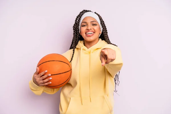 Black Afro Woman Pointing Camera Choosing You Basketball Concept —  Fotos de Stock