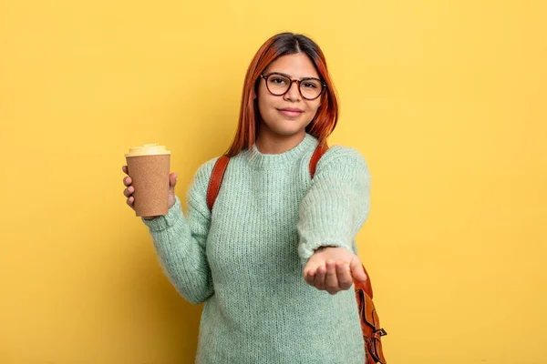 Hispanic Woman Smiling Happily Friendly Offering Showing Concept Student Coffee — Stock Photo, Image