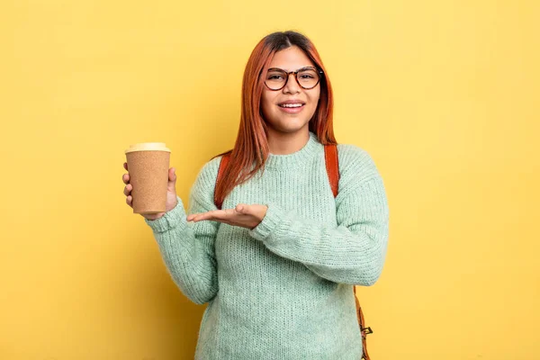 Hispanic Woman Smiling Cheerfully Feeling Happy Showing Concept Student Coffee — Stock Photo, Image