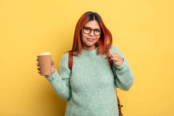 Hispanic Woman Looking Arrogant Successful Positive Proud Student Coffee Concept — Stock Photo, Image