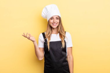 pretty woman feeling happy, surprised realizing a solution or idea. chef concept