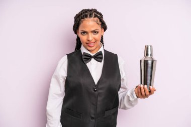 afro black woman looking puzzled and confused. waiter with a cocktail