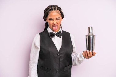 afro black woman feeling disgusted and irritated and tongue out. waiter with a cocktail