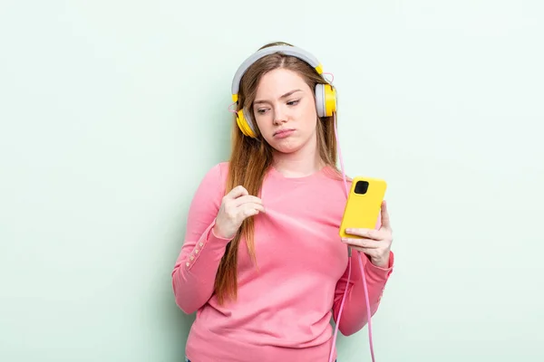 Redhair Woman Feeling Stressed Anxious Tired Frustrated Headphones Smartphone Concept — Stock Photo, Image