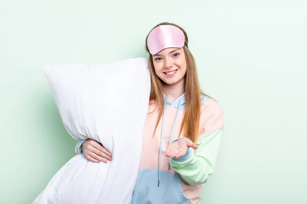 Redhair Woman Smiling Happily Friendly Offering Showing Concept Pajamas Pillow — Stock Photo, Image