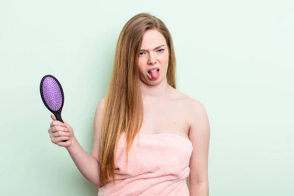 Redhair Woman Feeling Disgusted Irritated Tongue Out Hair Comb Concept — Stock Photo, Image