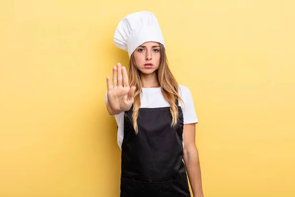 Pretty Woman Feeling Stressed Anxious Scared Hands Head Chef Concept — Zdjęcie stockowe