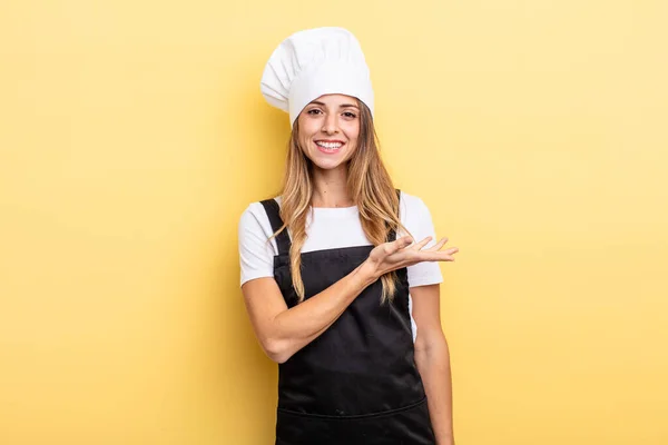 Pretty Woman Smiling Cheerfully Feeling Happy Showing Concept Chef Concept — Stockfoto
