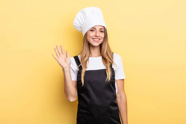 Pretty Woman Smiling Happily Waving Hand Welcoming Greeting You Chef — Stockfoto
