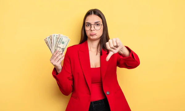 Pretty Woman Feeling Cross Showing Thumbs Dollar Banknotes Concept — Foto Stock