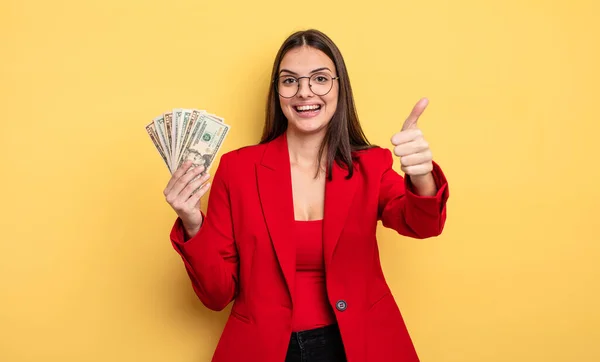 Pretty Woman Feeling Proud Smiling Positively Thumbs Dollar Banknotes Concept — Stockfoto