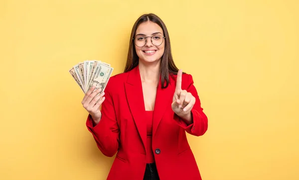 Pretty Woman Smiling Proudly Confidently Making Number One Dollar Banknotes — Foto Stock