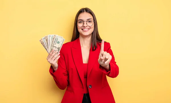 Pretty Woman Smiling Proudly Confidently Making Number One Dollar Banknotes — 스톡 사진