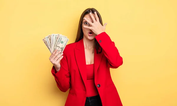 Pretty Woman Looking Shocked Scared Terrified Covering Face Hand Dollar — ストック写真