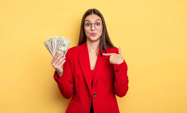 Pretty Woman Feeling Happy Pointing Self Excited Dollar Banknotes Concept — Stockfoto