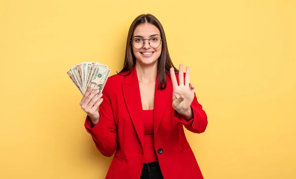 Pretty Woman Smiling Looking Friendly Showing Number Three Dollar Banknotes — Stockfoto
