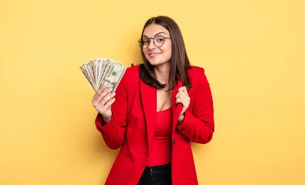 Pretty Woman Looking Arrogant Successful Positive Proud Dollar Banknotes Concept — Foto Stock