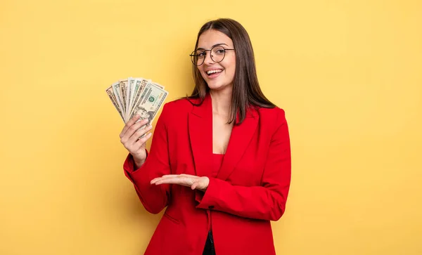 Pretty Woman Smiling Cheerfully Feeling Happy Showing Concept Dollar Banknotes — Zdjęcie stockowe