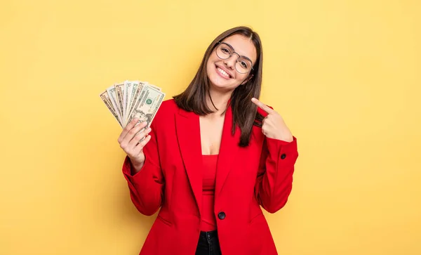 Pretty Woman Smiling Confidently Pointing Own Broad Smile Dollar Banknotes — Foto Stock