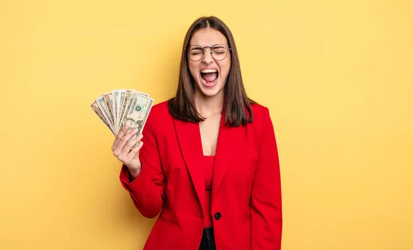 Pretty Woman Shouting Aggressively Looking Very Angry Dollar Banknotes Concept — Foto de Stock