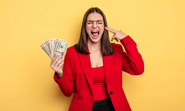 Pretty Woman Looking Unhappy Stressed Suicide Gesture Making Gun Sign — Stockfoto