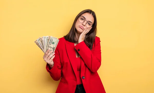 Pretty Woman Feeling Bored Frustrated Sleepy Tiresome Dollar Banknotes Concept — Foto Stock