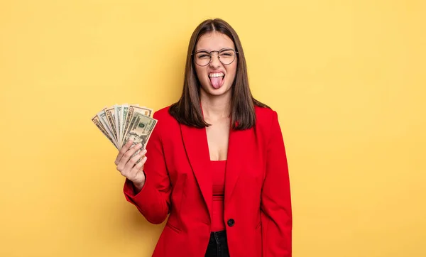 Pretty Woman Feeling Disgusted Irritated Tongue Out Dollar Banknotes Concept — Foto Stock