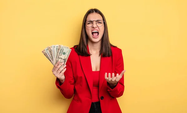 Pretty Woman Looking Desperate Frustrated Stressed Dollar Banknotes Concept — Stockfoto