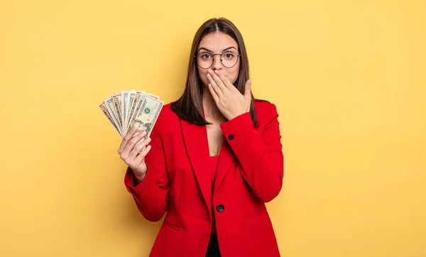 Pretty Woman Covering Mouth Hands Shocked Dollar Banknotes Concept — Fotografia de Stock