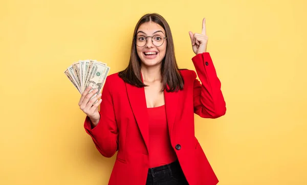 Pretty Woman Feeling Happy Excited Genius Realizing Idea Dollar Banknotes — Stockfoto