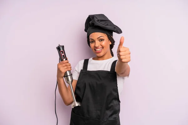 Afro Black Woman Feeling Proud Smiling Positively Thumbs Chef Hand — Foto Stock