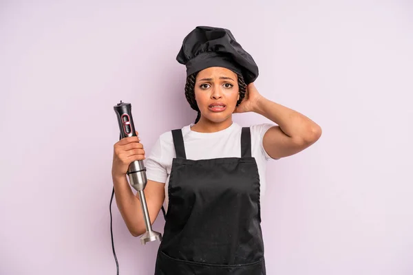 Afro Black Woman Feeling Stressed Anxious Scared Hands Head Chef — Foto Stock